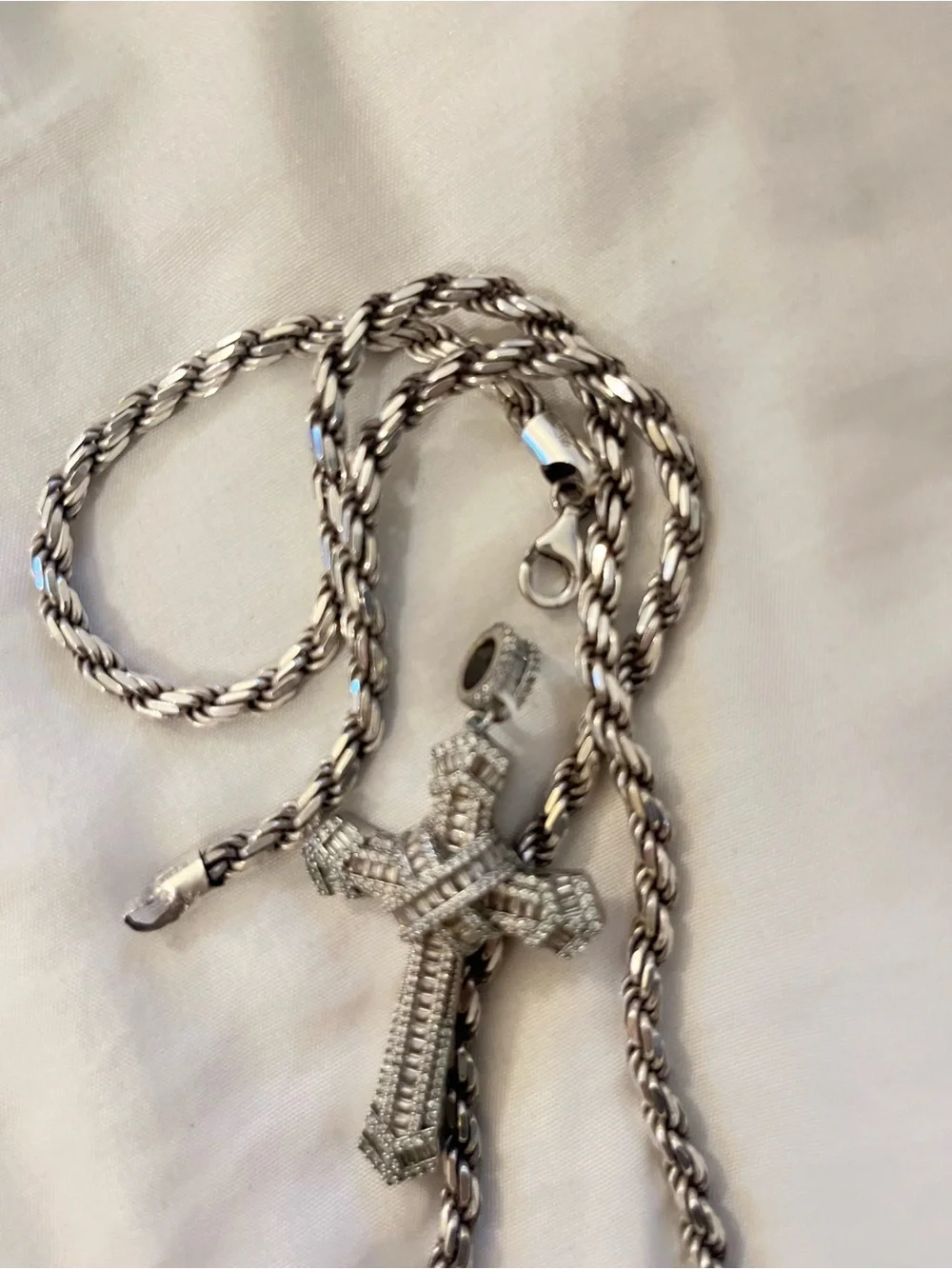 Silver Rope Chain Necklace with Pave Cross Pendant 22 inches